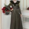 Women's Winter Long Leather Trenchcoat with Suede Details and Fur Collar 1348 - khaki