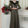 FUR HOODED BELT HIJAB LEATHER COAT 1348 Haki