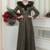 FUR HOODED BELT HIJAB LEATHER COAT 1348 Haki