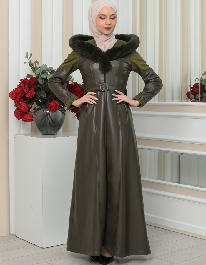 FUR HOODED BELT HIJAB LEATHER COAT 1348 Haki