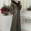 FUR HOODED BELT HIJAB LEATHER COAT 1348 Haki