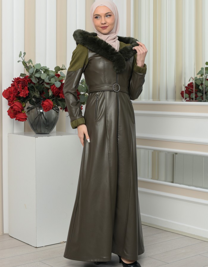 FUR HOODED BELT HIJAB LEATHER COAT 1348 Haki