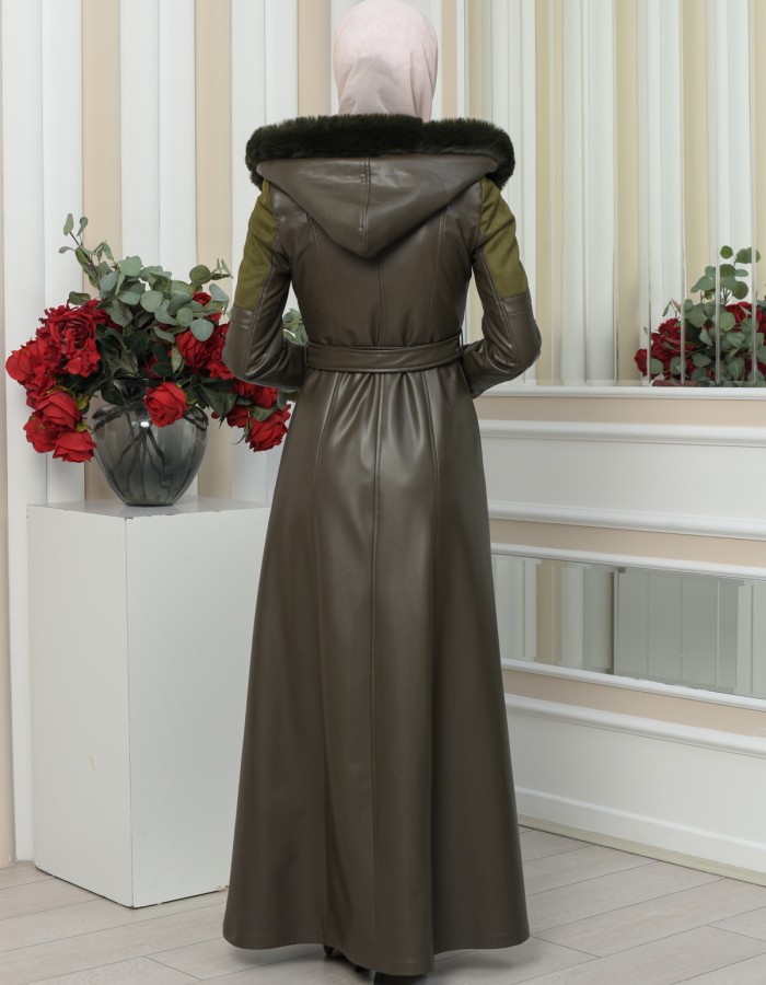 FUR HOODED BELT HIJAB LEATHER COAT 1348 Haki