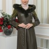 FUR HOODED BELT HIJAB LEATHER COAT 1348 Haki