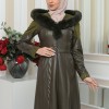 FUR HOODED BELT HIJAB LEATHER COAT 1348 Haki