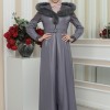 Women's Winter Long Leather Trenchcoat with Suede Details and Fur Collar 1348 - gray