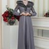 FUR HOODED BELT HIJAB LEATHER COAT 1348 Gri