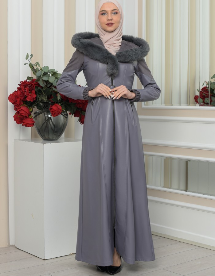 FUR HOODED BELT HIJAB LEATHER COAT 1348 Gri