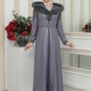 FUR HOODED BELT HIJAB LEATHER COAT 1348 Gri