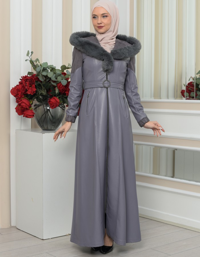 FUR HOODED BELT HIJAB LEATHER COAT 1348 Gri