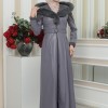 FUR HOODED BELT HIJAB LEATHER COAT 1348 Gri