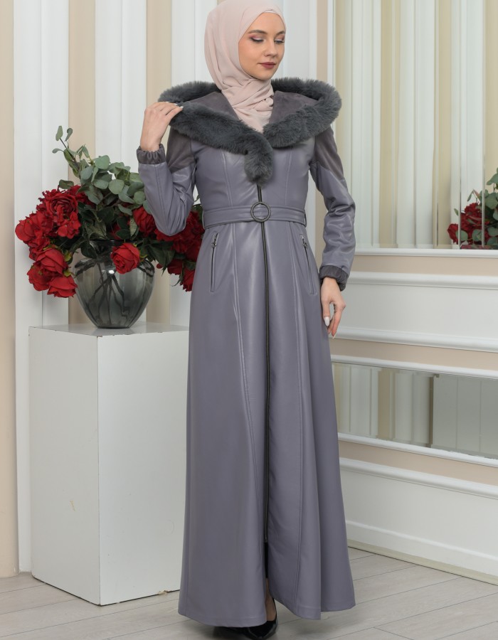 FUR HOODED BELT HIJAB LEATHER COAT 1348 Gri