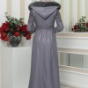 FUR HOODED BELT HIJAB LEATHER COAT 1348 Gri