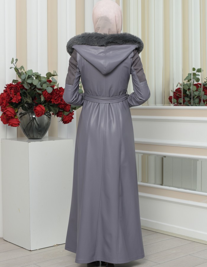FUR HOODED BELT HIJAB LEATHER COAT 1348 Gri