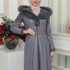 FUR HOODED BELT HIJAB LEATHER COAT 1348 Gri