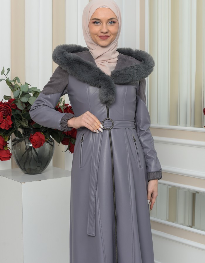 FUR HOODED BELT HIJAB LEATHER COAT 1348 Gri