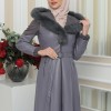 FUR HOODED BELT HIJAB LEATHER COAT 1348 Gri