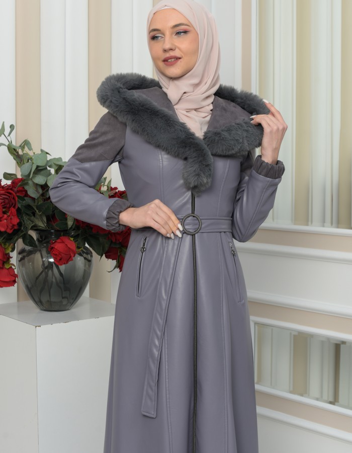 FUR HOODED BELT HIJAB LEATHER COAT 1348 Gri