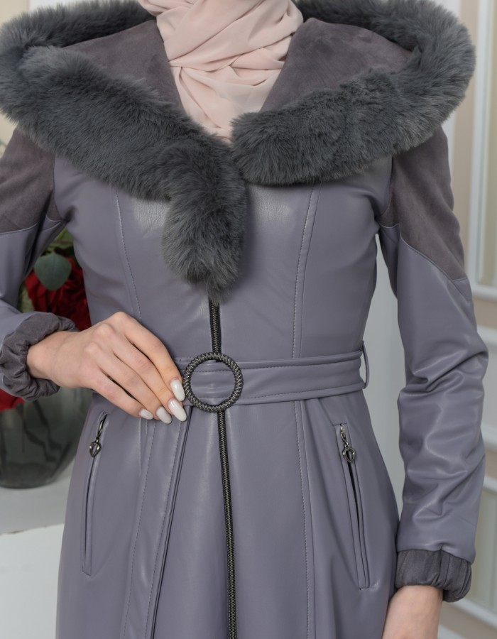 FUR HOODED BELT HIJAB LEATHER COAT 1348 Gri