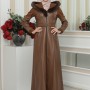 Langer Damen Winter-Ledermantel mit Wildlederdetails und Pelzkragen 1348 - Cognac
