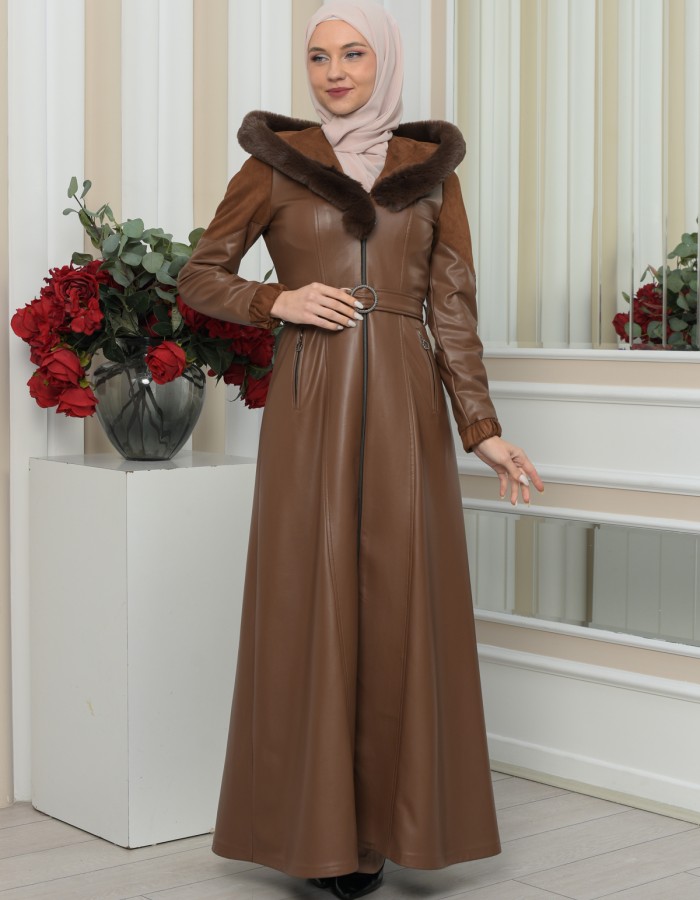 FUR HOODED BELT HIJAB LEATHER COAT 1348 - tan