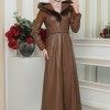 FUR HOODED BELT HIJAB LEATHER COAT 1348 - tan
