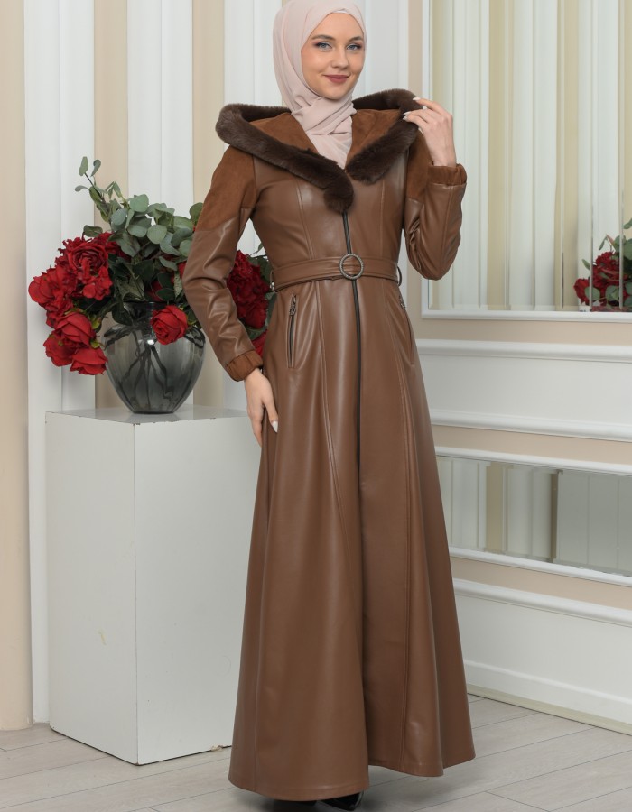 FUR HOODED BELT HIJAB LEATHER COAT 1348 - tan