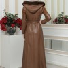 FUR HOODED BELT HIJAB LEATHER COAT 1348 - tan