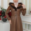 FUR HOODED BELT HIJAB LEATHER COAT 1348 - tan