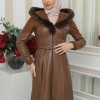 FUR HOODED BELT HIJAB LEATHER COAT 1348 - tan