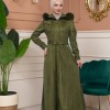 Women's Suede Coat with Removable Fur Hood 1361 - Khaki