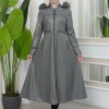 Furry Hooded Faux Leather Short Trench Coat with Tunnel Waist 1344 - gray