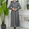 Furry Hooded Faux Leather Short Trench Coat with Tunnel Waist 1344 - gray
