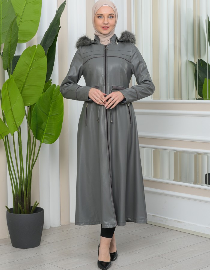 Furry Hooded Faux Leather Short Trench Coat with Tunnel Waist 1344 - gray