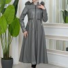 Furry Hooded Faux Leather Short Trench Coat with Tunnel Waist 1344 - gray