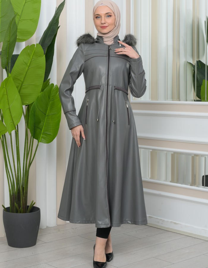 Furry Hooded Faux Leather Short Trench Coat with Tunnel Waist 1344 - gray