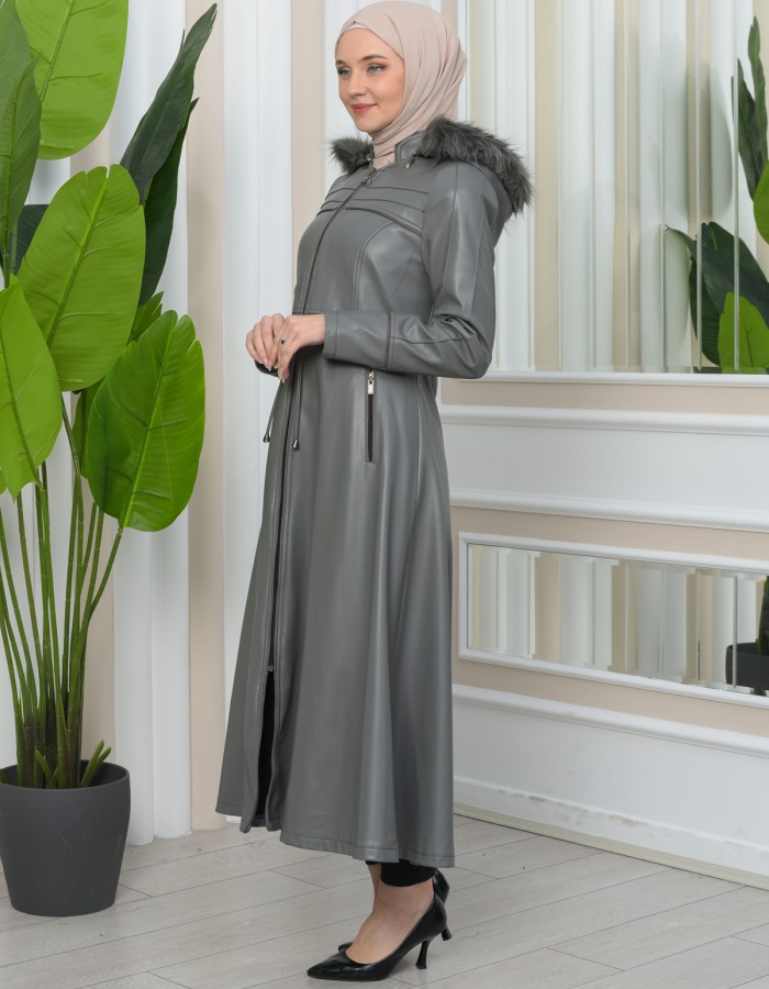Furry Hooded Faux Leather Short Trench Coat with Tunnel Waist 1344 - gray
