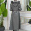 Furry Hooded Faux Leather Short Trench Coat with Tunnel Waist 1344 - gray