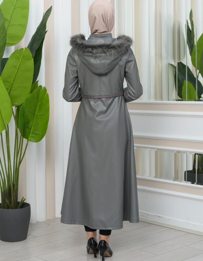 Furry Hooded Faux Leather Short Trench Coat with Tunnel Waist 1344 - gray