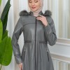 Furry Hooded Faux Leather Short Trench Coat with Tunnel Waist 1344 - gray