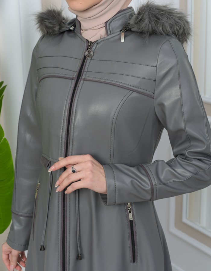 Furry Hooded Faux Leather Short Trench Coat with Tunnel Waist 1344 - gray