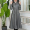 Furry Hooded Faux Leather Short Trench Coat with Tunnel Waist 1344 - gray