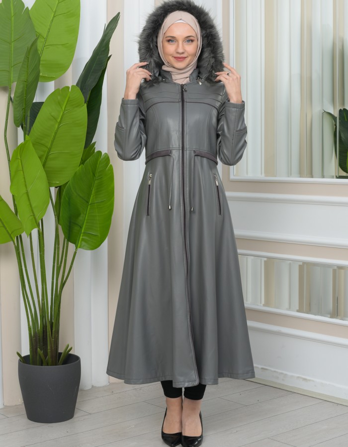Furry Hooded Faux Leather Short Trench Coat with Tunnel Waist 1344 - gray