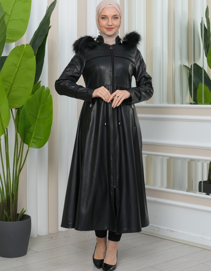 Furry Hooded Faux Leather Short Trench Coat with Tunnel Waist 1344 - black