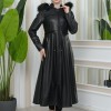 Furry Hooded Faux Leather Short Trench Coat with Tunnel Waist 1344 - black