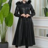 Furry Hooded Faux Leather Short Trench Coat with Tunnel Waist 1344 - black