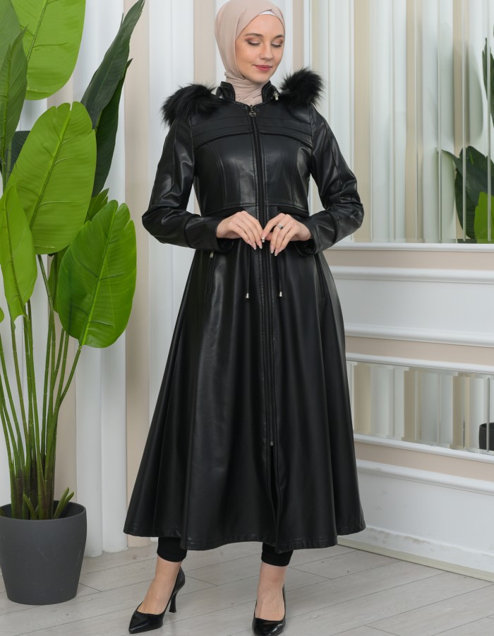 Furry Hooded Faux Leather Short Trench Coat with Tunnel Waist 1344 - black