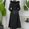 Furry Hooded Faux Leather Short Trench Coat with Tunnel Waist 1344 - black