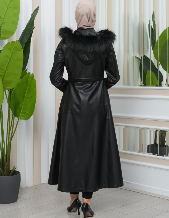 Furry Hooded Faux Leather Short Trench Coat with Tunnel Waist 1344 - black