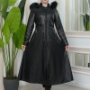 Furry Hooded Faux Leather Short Trench Coat with Tunnel Waist 1344 - black